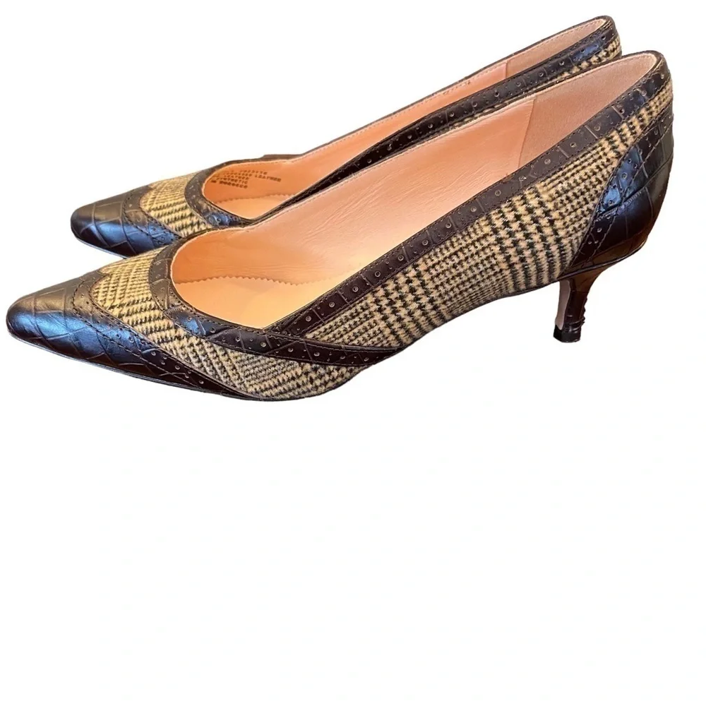 J. CREW Heels Leather Pointed Toe Crocodile Brown Plaid Women Size 8 NWOT